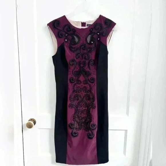 Karen Millen Black Maroon Signature Embroidered Cocktail Dress NEW - Picture 6 of 7